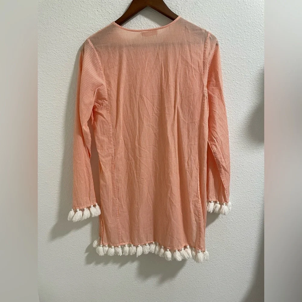Tory Burch Peach Striped Button Down swim cover up dress with Tassels